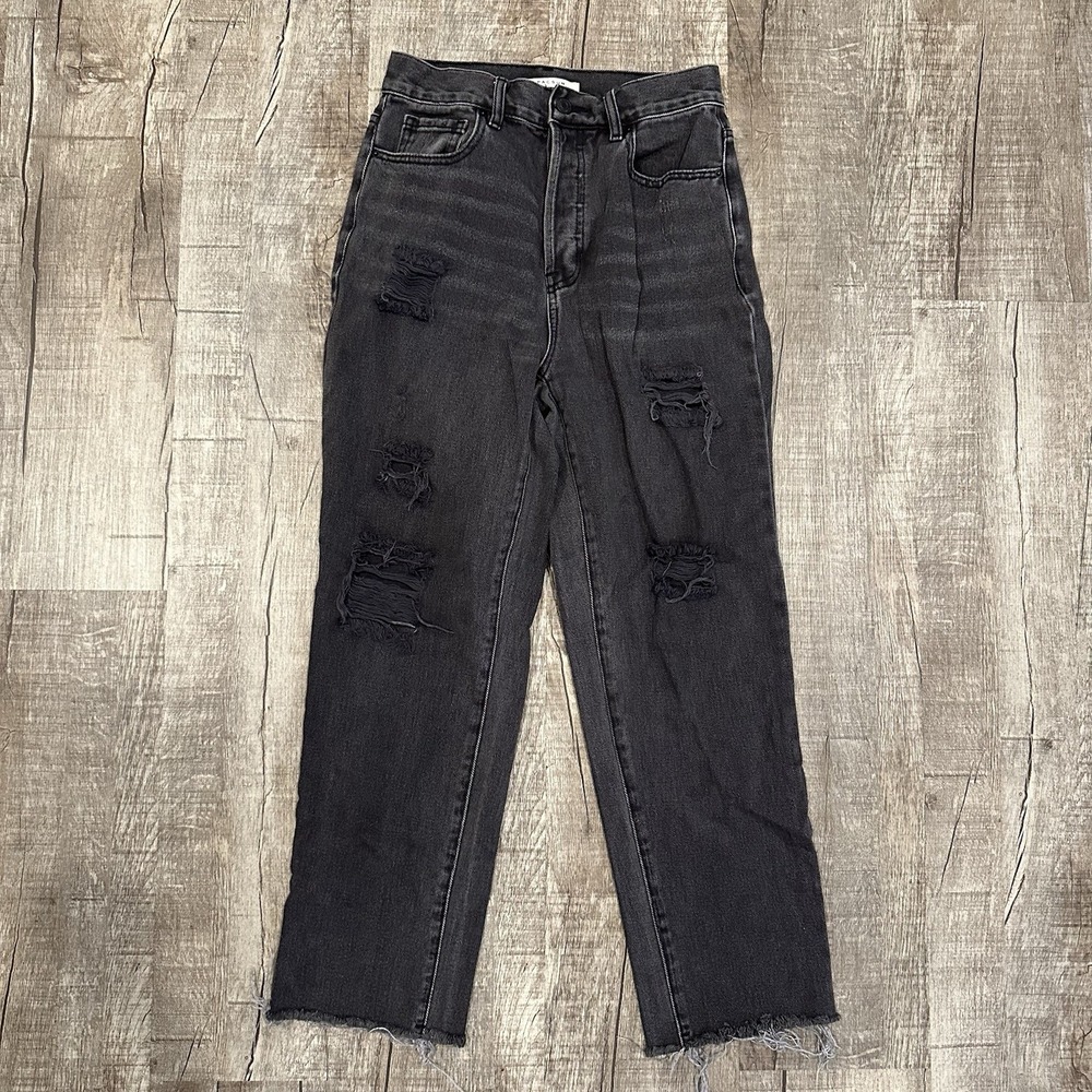 Pacsun Black High Rise Straight Denim Jeans Sz 26 Distressed Button‎ Fly Raw Hem